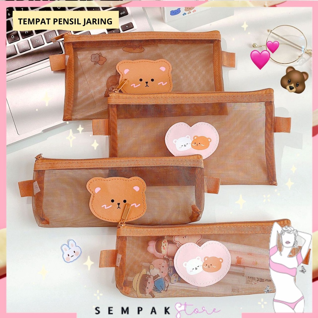 

SS Tempat Pensil Zipper Coklat Motif Beruang Dompet Pensil Coklat Lucu Motif Bear Tempat Makeup Teddy Brown Model Jaring Transparan dan Multicolour Cute