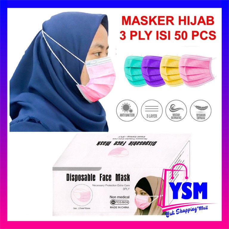 YSM MASKER HIJAB WARNA WARNI 3PLY MASK HEADLOOD ISI 50 PCS FACEMASK KESEHATAN 3 PLY DENGAN BOX