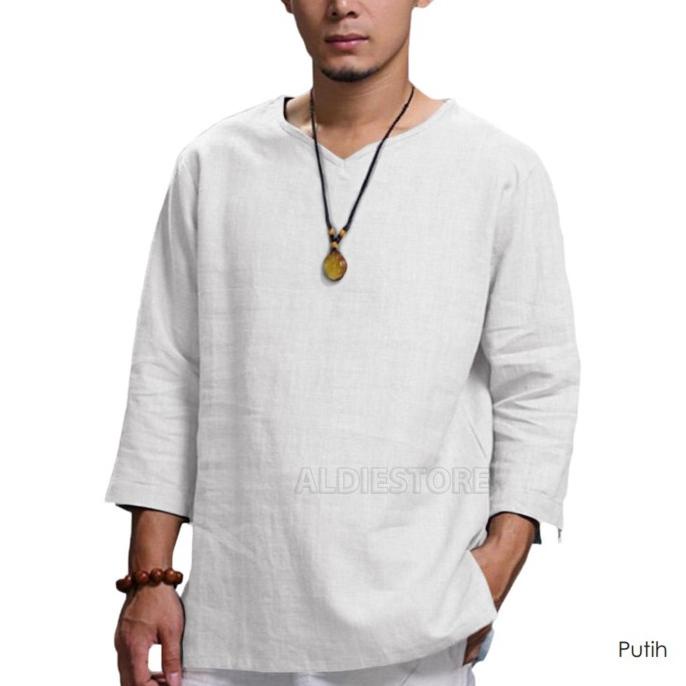 Baju Koko Kurta Pria Lengan Panjang 4/5 Putih Polos Kerah V-Neck