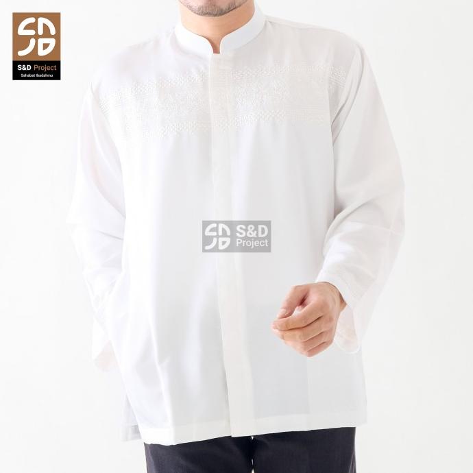 Baju Koko Poli Katun Bordir putih Lengan Panjang Dewasa - Putih Tulang