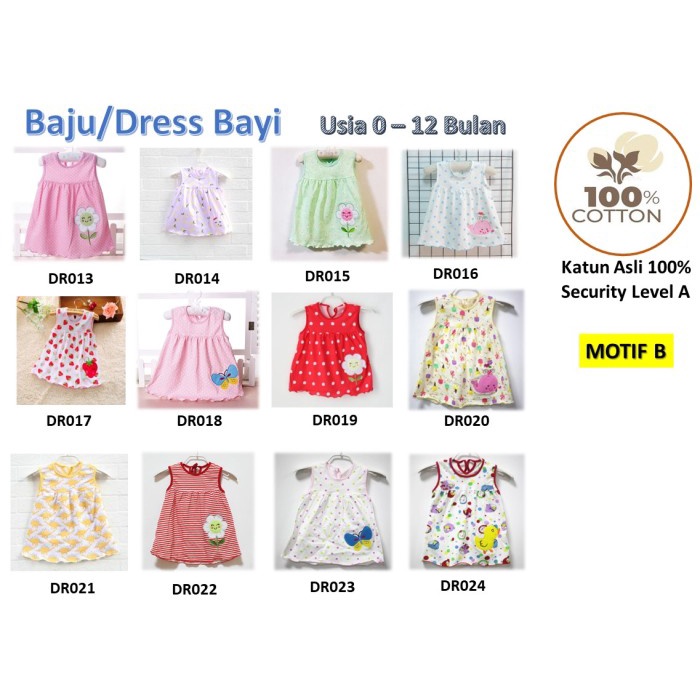 Baju/Dress Bayi Perempuan0-6 Bulan Katun 100% Import Motif B