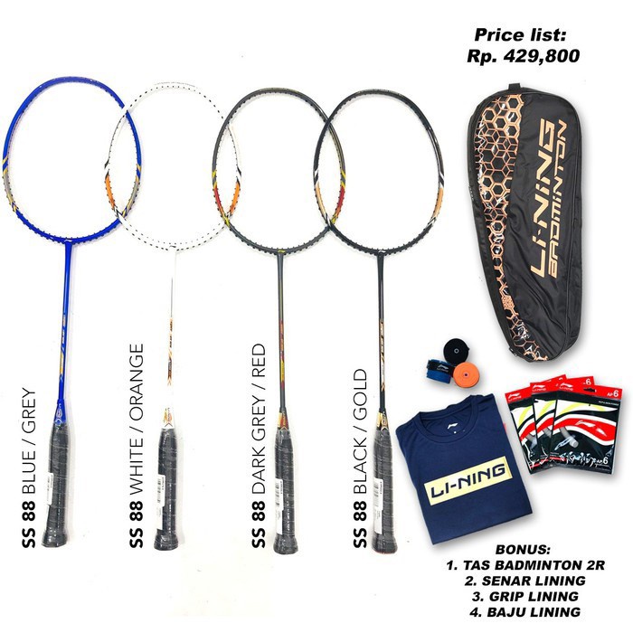 Terlaris Raket Badminton Lining Ss 88 Plus +Tas+Kaos+Grip+Senar Komplit Ori Gratis Ongkir