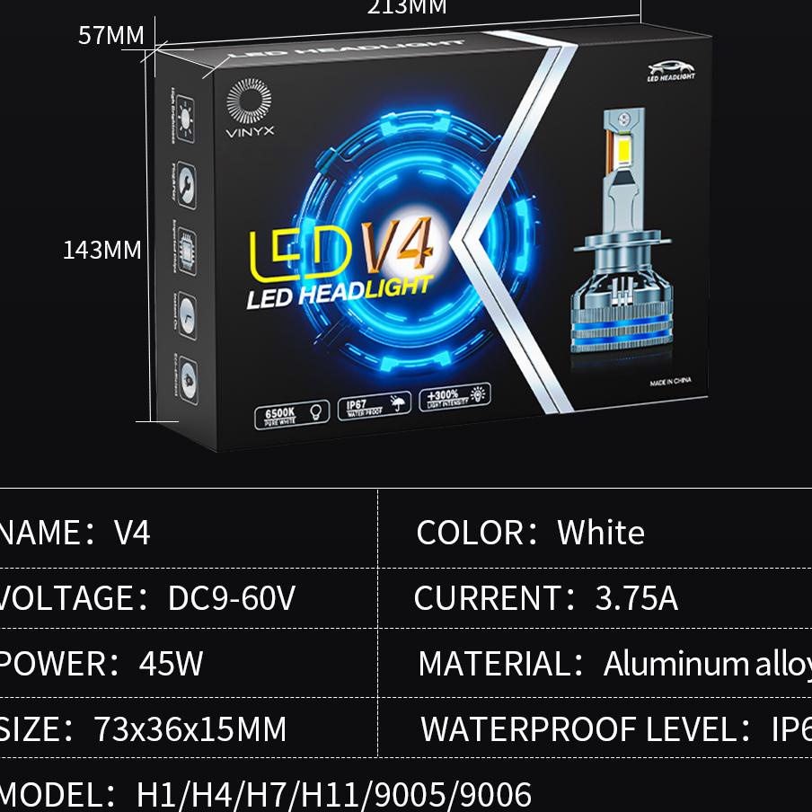 Lampu Utama Mobil Led Vinyx V4 Csp 45 Watt 45W 45 W H1 H3 H4 H7 H11 Hb3 Hb4 Canbus Motor