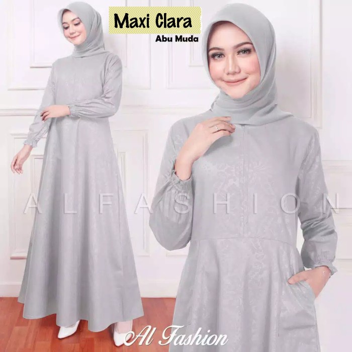 Clara- Gamis Baju Dress Polos Emboss Busui Jumbo Xl Warna Abu Abu Muda Ready