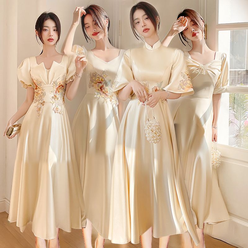 Gaun Butik Pengiring Pengantin Sampanye Gaun Panjang Menengah Cheongsam Ditingkatkan dan Gaun Lengan