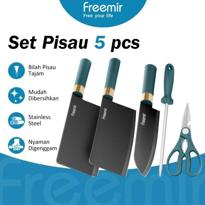 freemir Pisau Set 5 PCS Knife Pisau Dapur Pisau Daging Pengasah Pisau