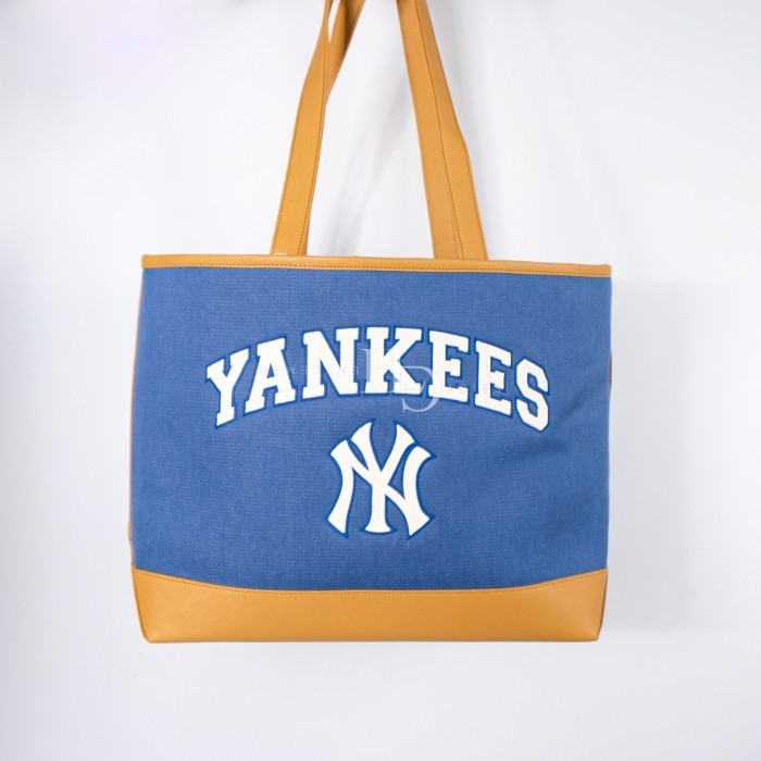 ✅New Ori Mlb Ny Yankees Varsity Canvas Large Tote Bag Light Denim/Brown Terbatas