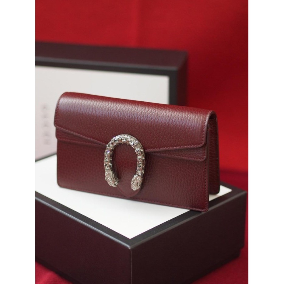 ✅New Tas Gucci Dionysus Leather Wallet On Chain Woc Super Mini Burgundy Ori Diskon