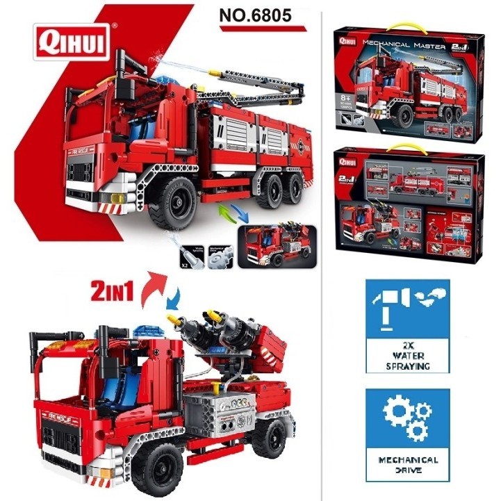 [Original] Brick Qihui 6805 Mechanical Master Fire Truck 2In1 With Water Spraying Berkualitas