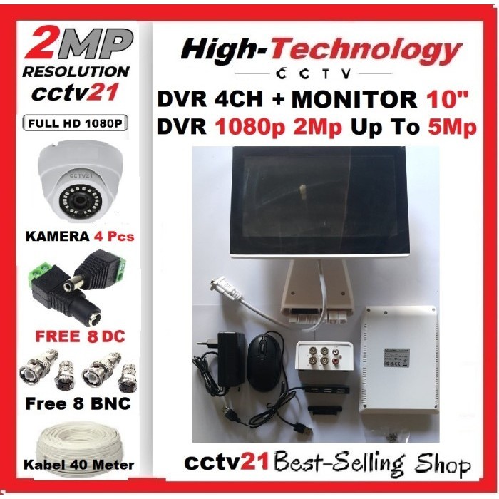 Baru Paket Lengkap 4 CCTV Tech 2MP+DVR 4CH 5MP+Monitor 10"+KB 40M+HDD