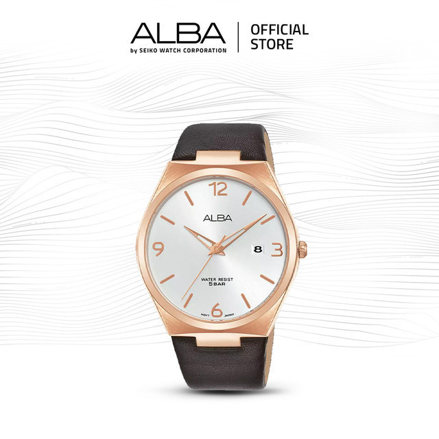 Alba Prestige Jam Tangan Pria AS9H88 / AS9H88X1 Quartz Silver White Dial Dark Brown Genuine Leather 