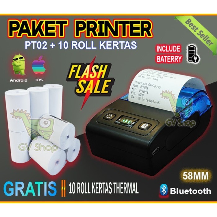 

[Baru] Paket Printer Thermal Bluetooth Pt02 10 Roll Kertas Berkualitas