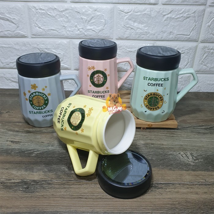 GELAS STARBUCKS KERAMIK WARNA 450ML MUG STARBUCKS DENGAN TUTUP KACA
