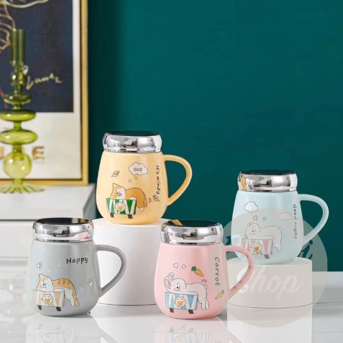 GELAS KERAMIK CANGKIR MUG MOTIF ANIMAL KACA BESAR DENGAN TUTUP