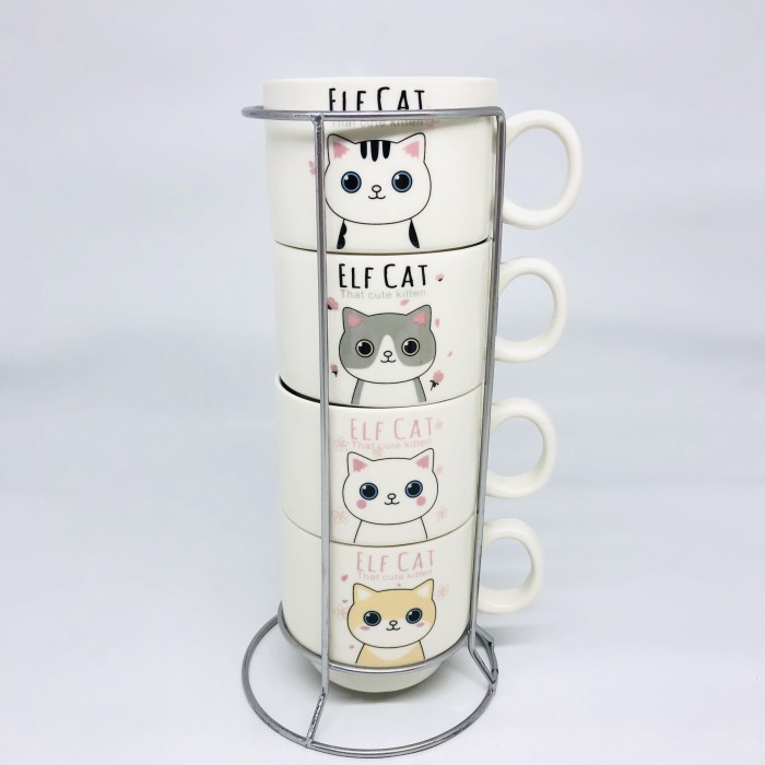 TOWER MUG SET GELAS KERAMIK SUSUN RAK GELAS STAINLESS KARAKTER MEDIUM