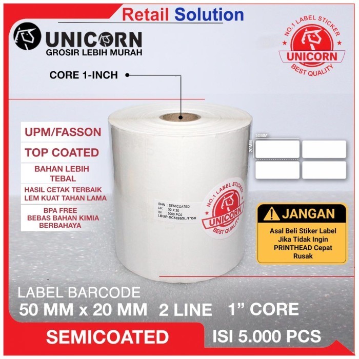 

Stiker Label Barcode Semicoat 50X20Mm / 50X20 Mm / 50 X 20 Mm / 5X2Cm