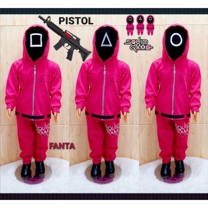 BISA COD - BAJU KOSTUM ANAK SQUID GAME / BONUS TOPENG DAN PISTOL / SETELAN ANAK