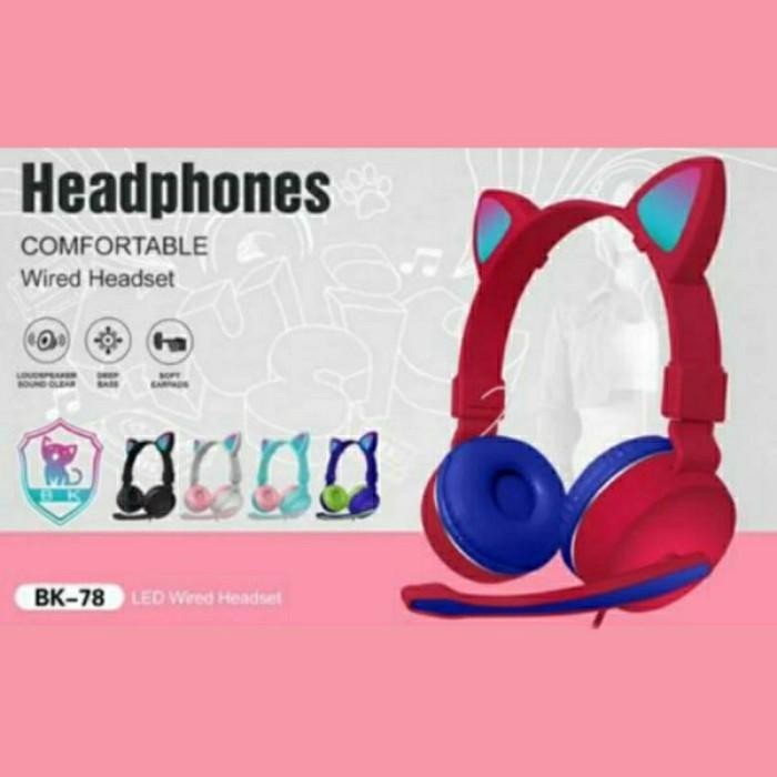 NEW HEADPHONE KUCING KABEL HEADSET TELINGA KUCING WIRED WITH MIC PINK LUCU