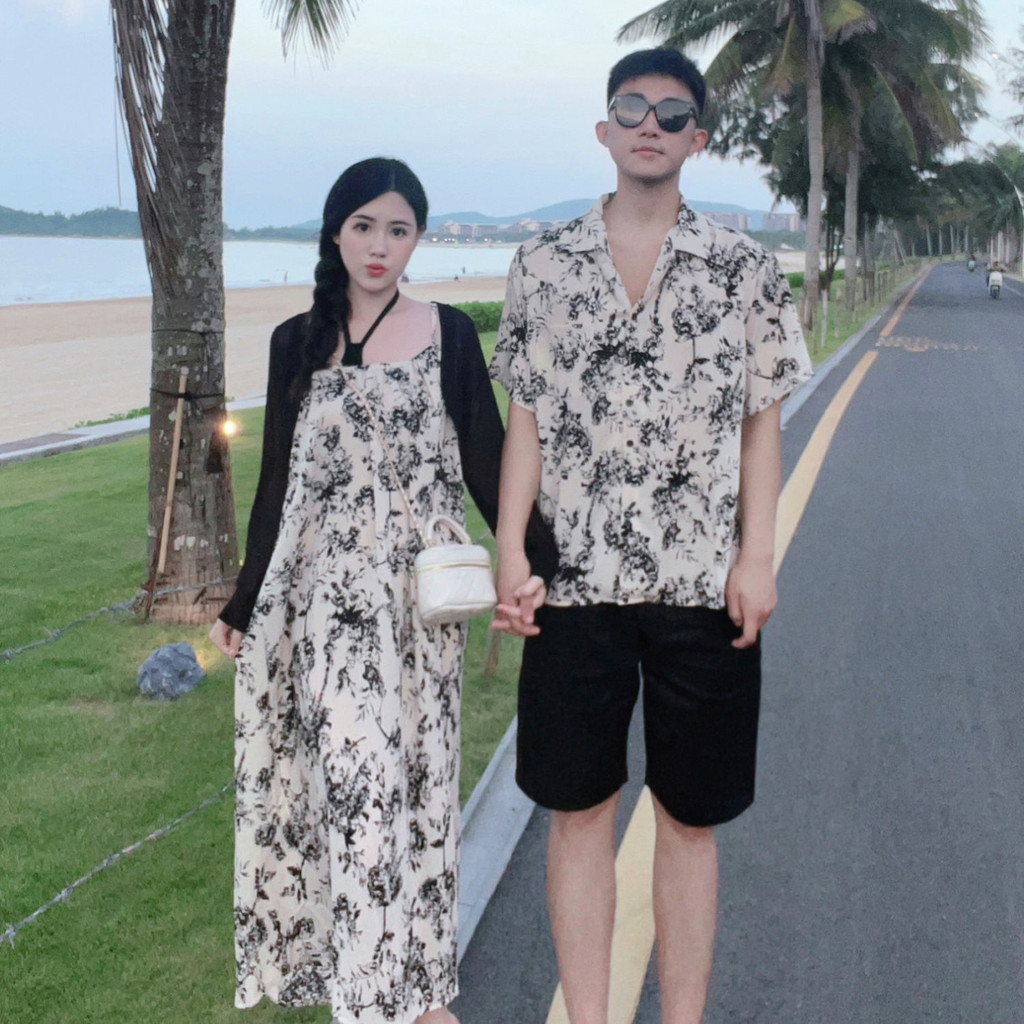 Gaun Panjang Bunga Pria, Baju Pasangan Kepribadian Musim Panas Liburan Pantai+Celana Pendek