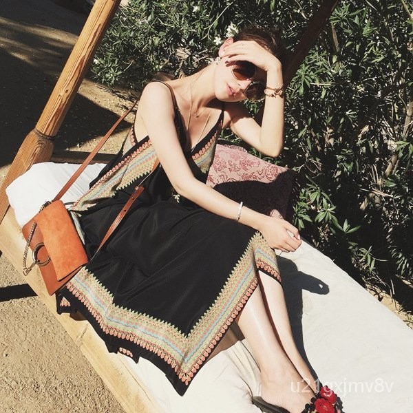 Summer Chiffon Spaghetti Straps Sleeveless plus Size FatmmSlimming Bohemian Dress Mid-Length Printed