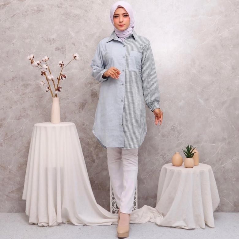 Termurah TUNIK KOMBINASI KOTAK MIX POLOS ABG FASHION MUSLIM