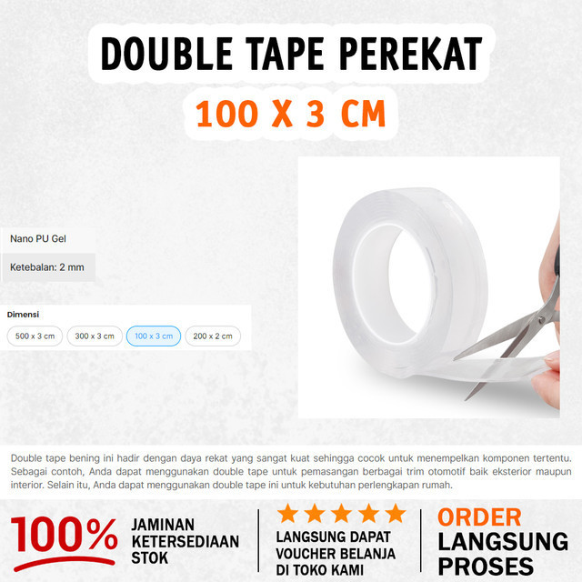 

Double Tape Perekat No Trace Washable Sticker 100 x 3 cm - Warna { Transparent }