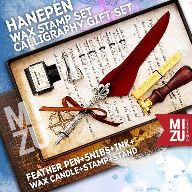 

Mizu Hanepen Wax Seal Calligraphy Set Feather Pen Bulu 6 Nibs Stempel
