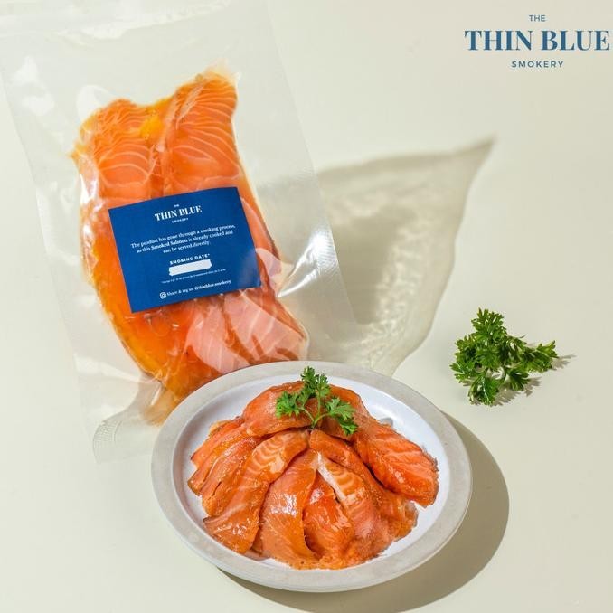 

Smoked Salmon Frozen Slice / Ikan Salmon Asap 100gr Thin Blue Smokery