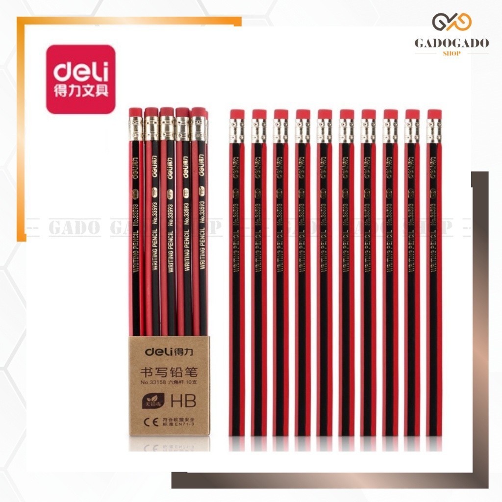 

GGS DELI037 Deli HB Graphite Pencil 10pcs/Box Pensil dengan pengahapus untuk anak sekolah Supplies 33158 Y1677