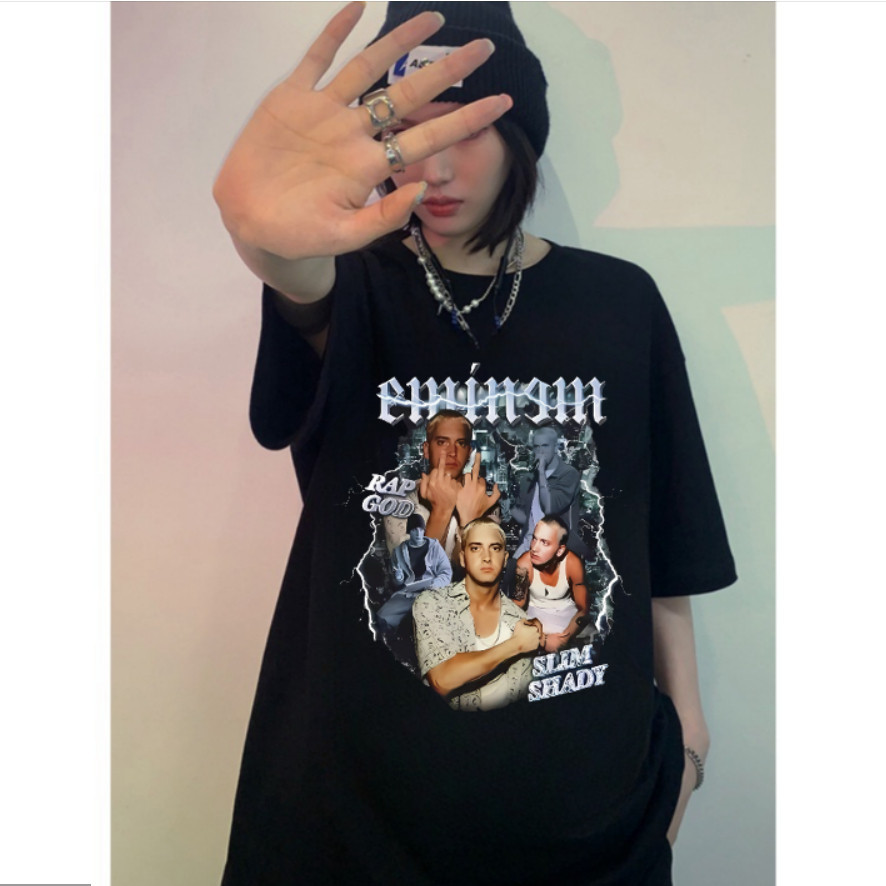 【100% Katun 20s】Eminem T-shirt Atasan Pakaian Baju Kaos Oversize Wanita Hitam Dewasa Distro Original