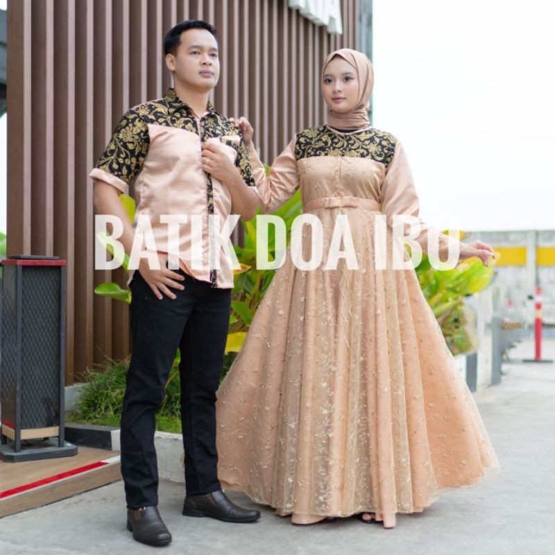 set couple gamis syari modern gamis brukat dan kemeja batik prada original by batik pekalongan gamis