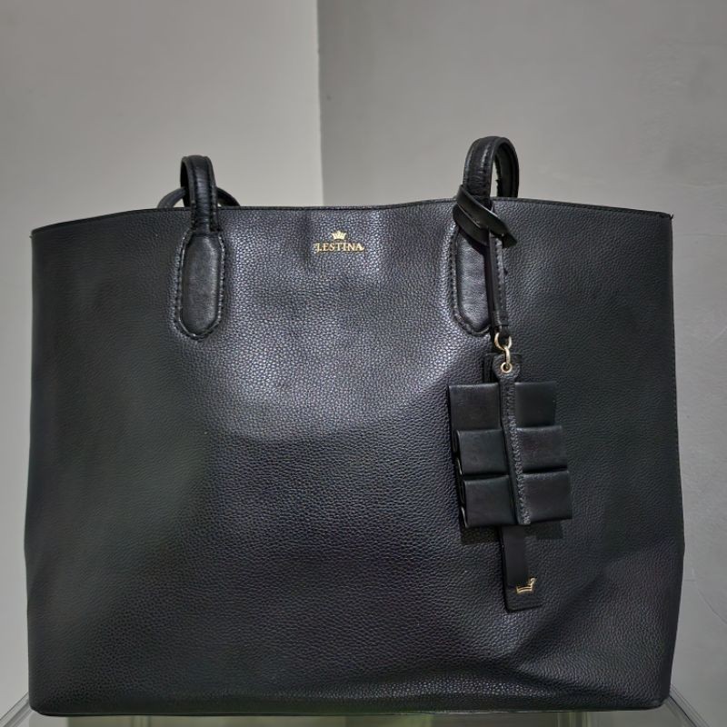 PRELOVED J.ESTINA DHALIA LG SHOPPER BAG TOTE LEATHER BLACK