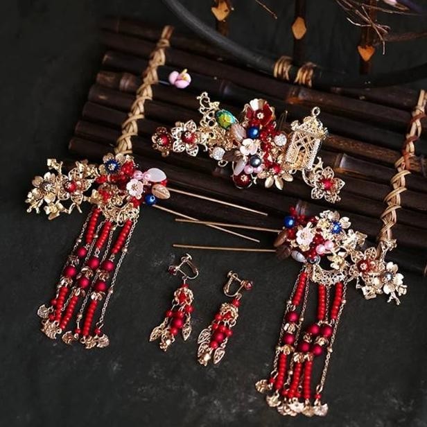 [KONDE] Set Hairpiece Headpiece Sangjit Jepit Rambut Tusuk Konde Cina Sirkam TERLARIS