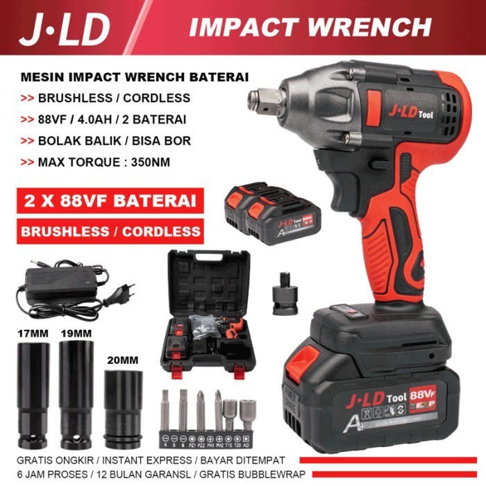 JLD Impact Wrench JV88 2 Baterai - Mesin Bor Impact 48V Alat Buka Baut
