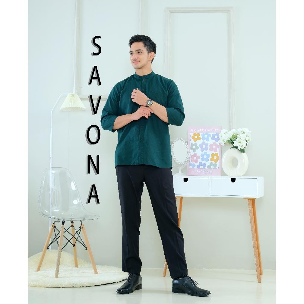 MILIKI BAJU KOKO KEMEJA PRIA KATUN LINEN CASUAL OVERSIZE HIJAU BOTOL (SAVONA) TERMURAH