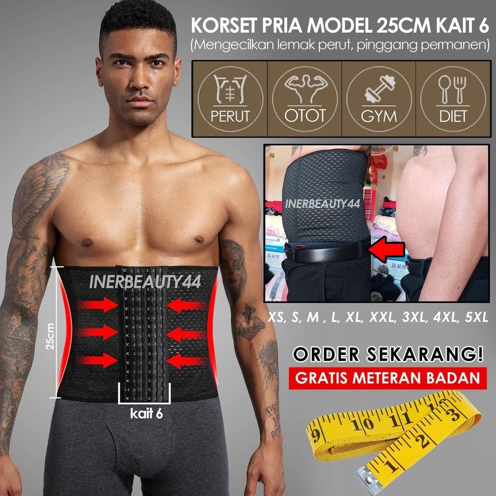 Murah Korset Pria Pengecil perut buncit dan Pinggang model 25cm kait 6 bahan elastis corset men pela