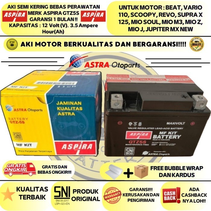 Aki Motor Honda Beat -Vario 110 Aspira Gtz5S Mf Kit Aki Kering Original Dan Terpercaya