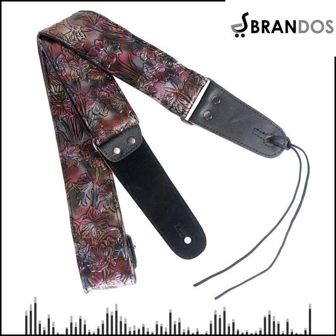 Strap Gitar Kulit Motif Bunga Bonus Pick Tali Guitar Rock You Sk-93