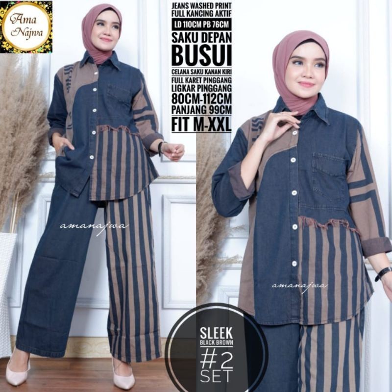 [ONLINE EXCLUSIVE] Sleek#2 One Set Setelan Celana Kulot Tunik Jeans Hitam Motif Salur Garis Ld 110