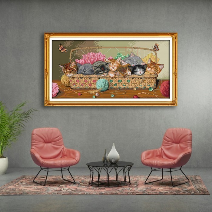 Naenggo Paket Kristik Anak Kucing Di Keranjang [ Sulam Strimin Pola Kain Diy ]