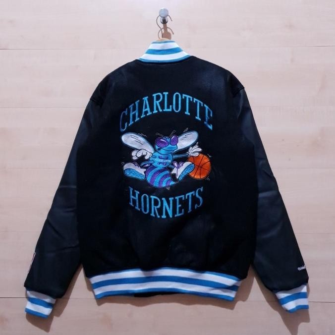 Varsity Jacket Wool Leather Nba Vintage Charlotte Hornets Black Xabolxa