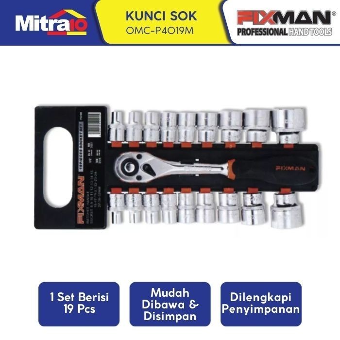Fixman Omc-P4019M 19-Pc 1/2 Inch Dr. Socket Ratchet Set - Kunci Sok