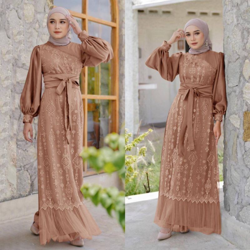 Baju Gamis Wanita Set 2In1 Terbaru 2025 Dres Brokat Remaja Mididress Pesta Turki Hijab Kaftan Pakaia