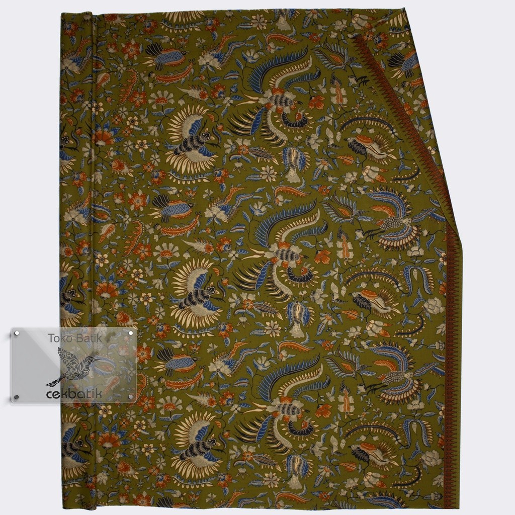 kain batik Motif Bunga Burung Warna dasar Hijau Army Manis Hijau Army