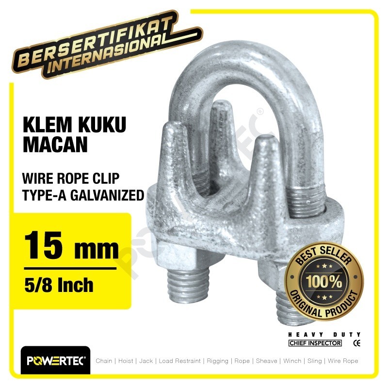 POWERTEC Wire Rope Clip / Klem Seling Kuku Macan Galv 15mm Bulldog