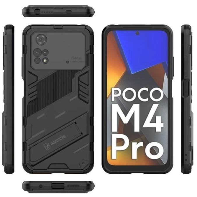 Berkualitas Case Xiaomi Poco M4 Pro 4G 5G Hardcase Armor Kick Stand Bibercas - Hitam, M4 Pro 4G