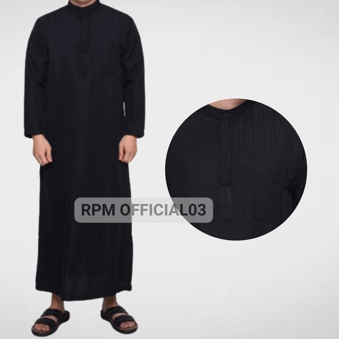 Gamis Pria Jubah Premium Hitam Polos Kancing Bahan Katun Motif Mewah