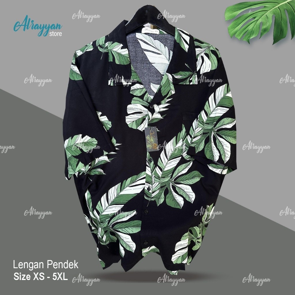 Promo Mega Sale 2.2 // Alrayyan Store - Kemeja Hawaii Motif Daun Dasar Hitam Lengan Pendek Pria