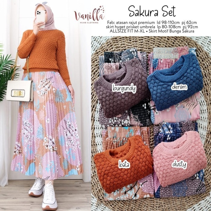 Setelan Rok Terbaru Sakura Set Blouse Rajut Dan Rok Panjang Plisket