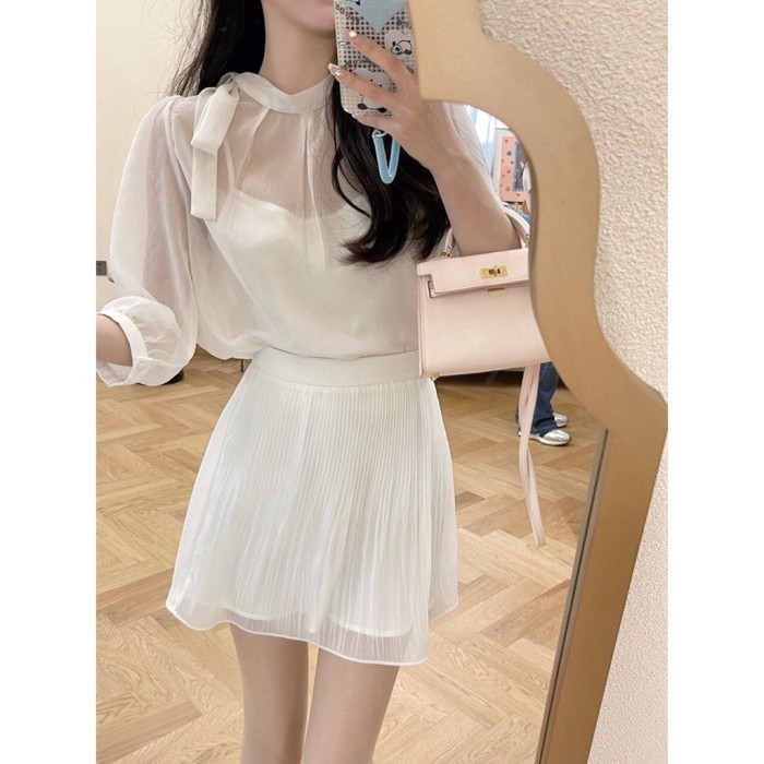 Pleats Set Rok Dek Setelan Blouse Wanita Sifon Lace Pita Putih